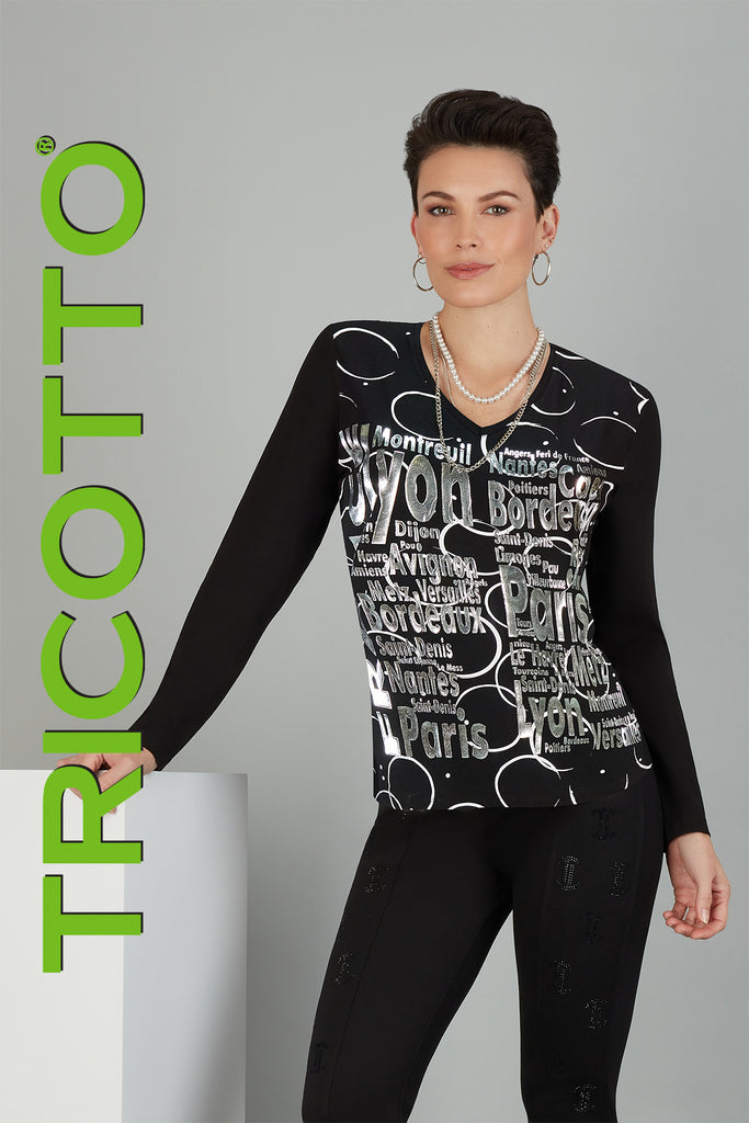 Tricotto Black long sleeve t-shirt with front silver print detail