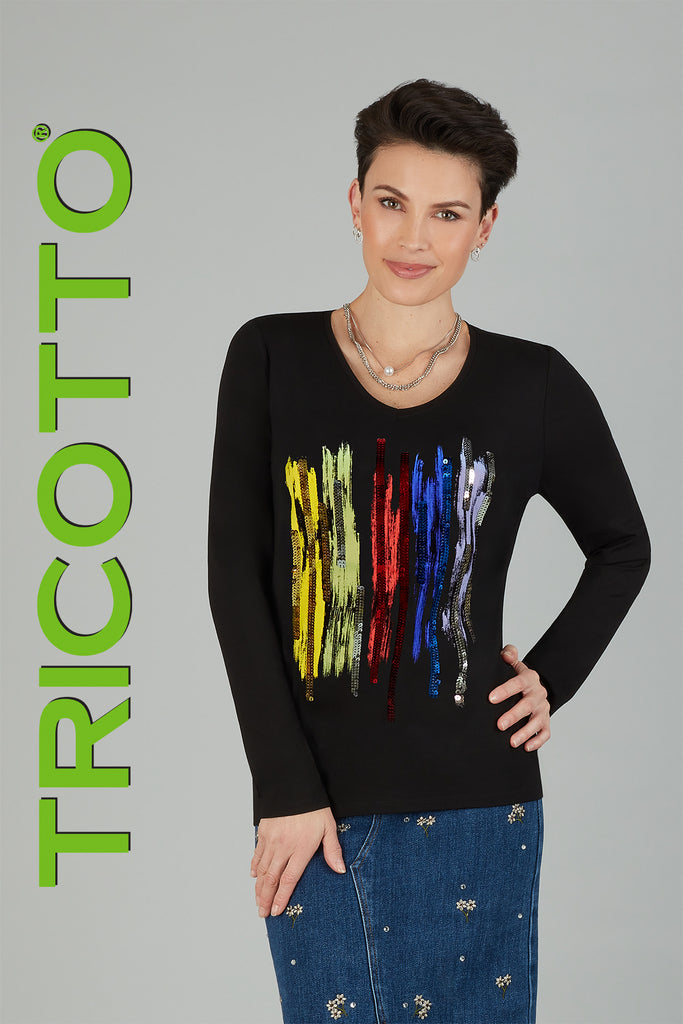 Tricotto Long sleeve black t-shirt with striking front multi colored sequin detail