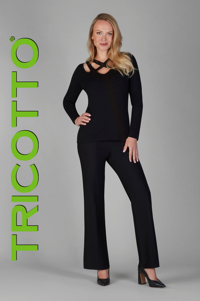 Tricotto Black Top with black sequin criss cross front detail