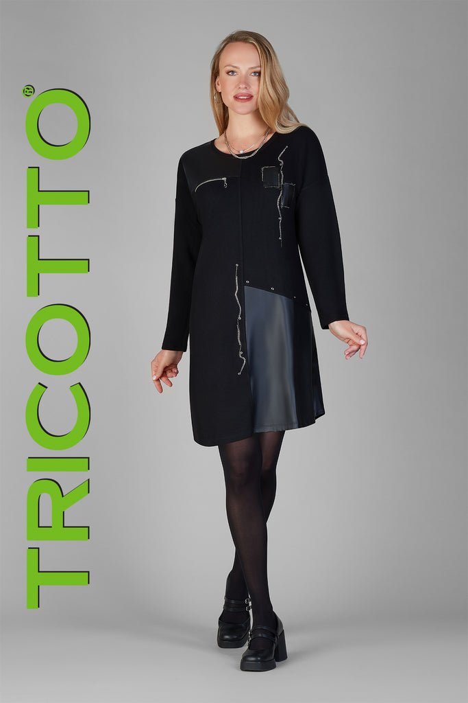 Tricotto Little Black Dress With Front Silver Sequin And Polyurethane Detail