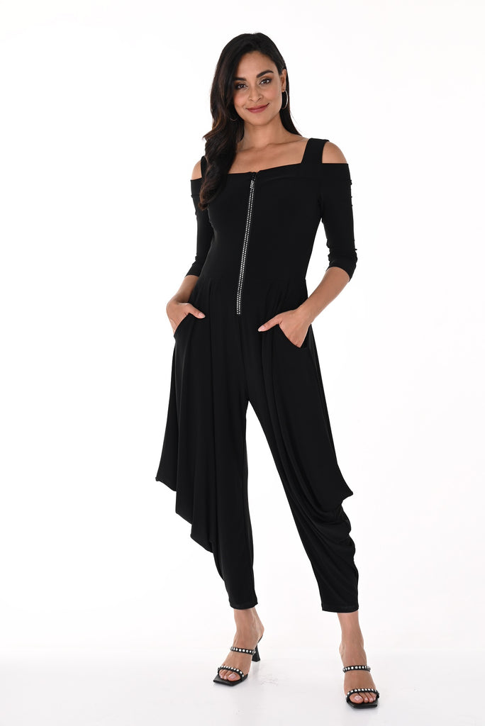 Frank Lyman One piece harem pant jumpsuit with cold shoulder and embellished zipper detail