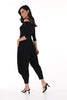 Frank Lyman One piece harem pant jumpsuit with cold shoulder and embellished zipper detail