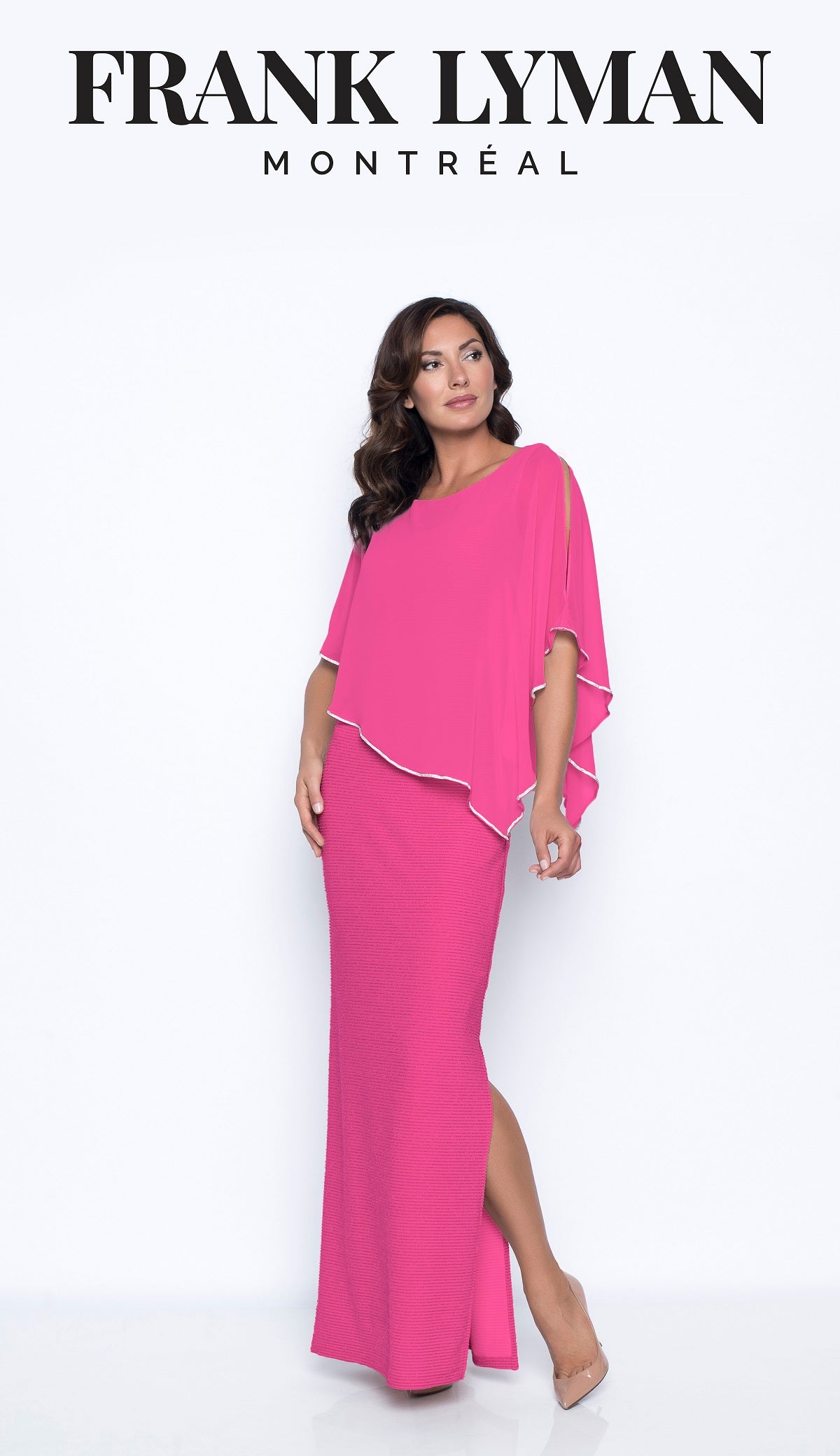 Frank Lyman Montreal Hot Pink Evening Gown With Flattering Attached Overlay