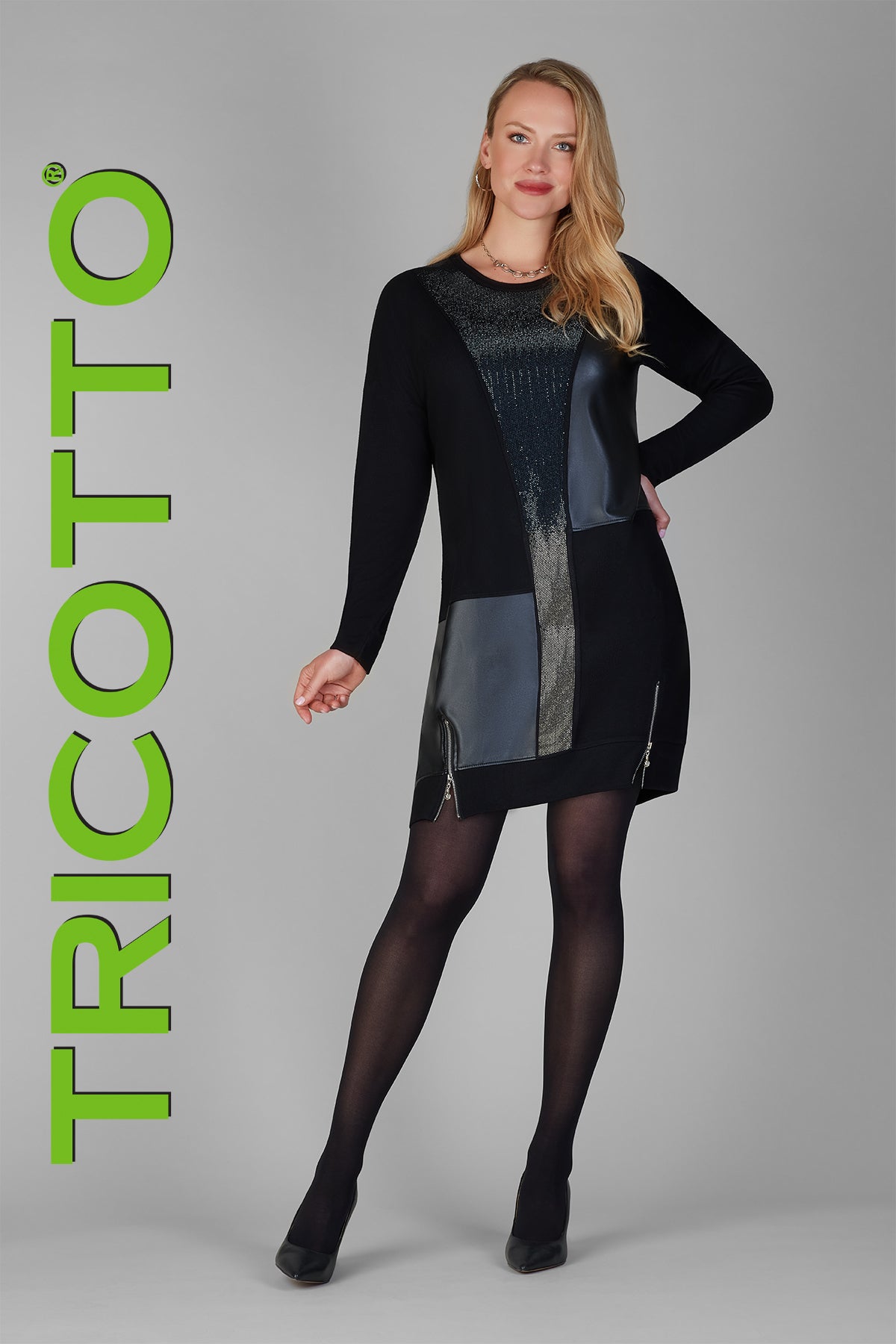 Tricotto Black knit dress with front sequin, zipper and polyurethane detail