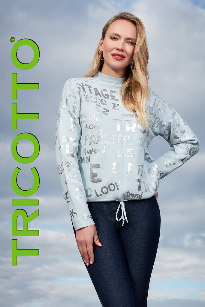 Tricotto powder blue mock neck sweater with fashion print detail on front & back