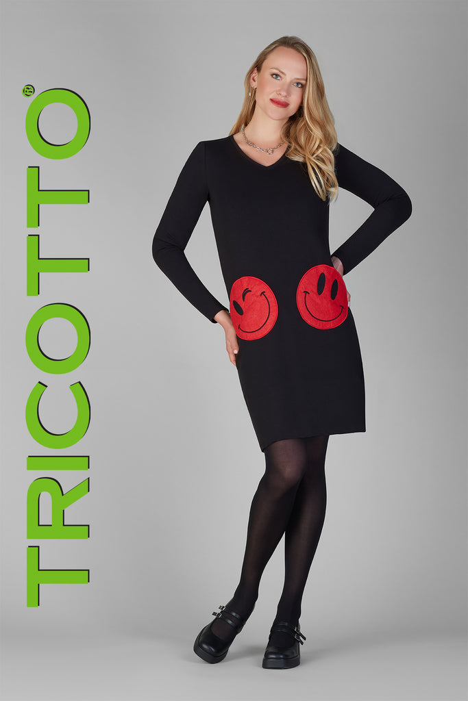 Tricotto Little Black dress with from red happy face patch detail