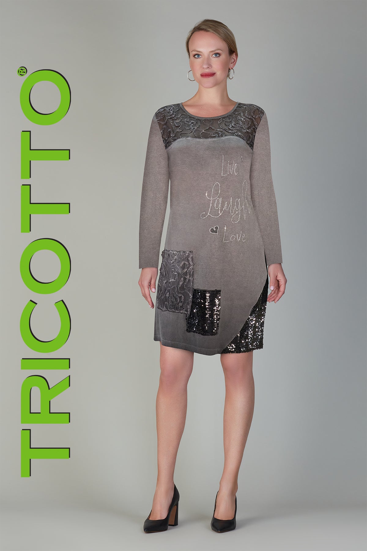 Tricotto Grey dress with silver black sequin print detail on front, back is solid grey