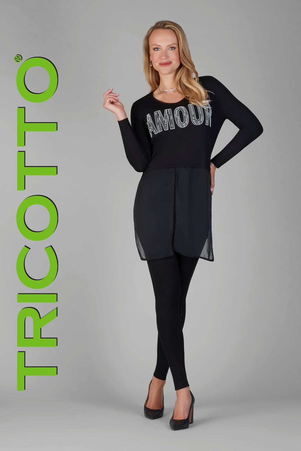 Tricotto Black Tunic with sheered bottom and front fashion print detail