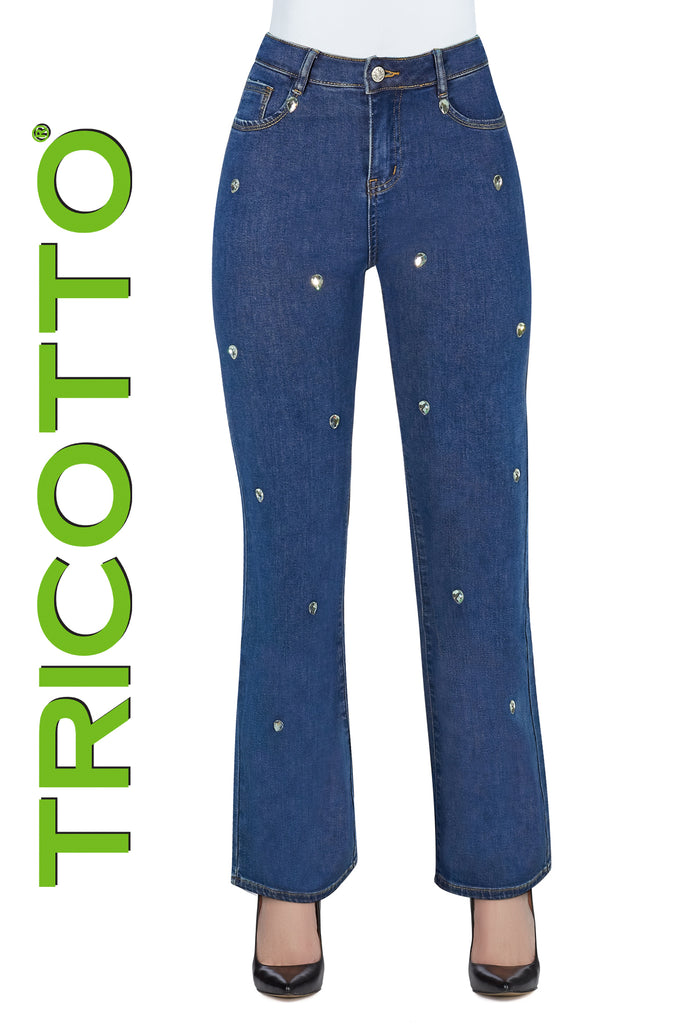 Tricotto High Waisted wide leg 5 pocket blue jeans with front crystal stone detail