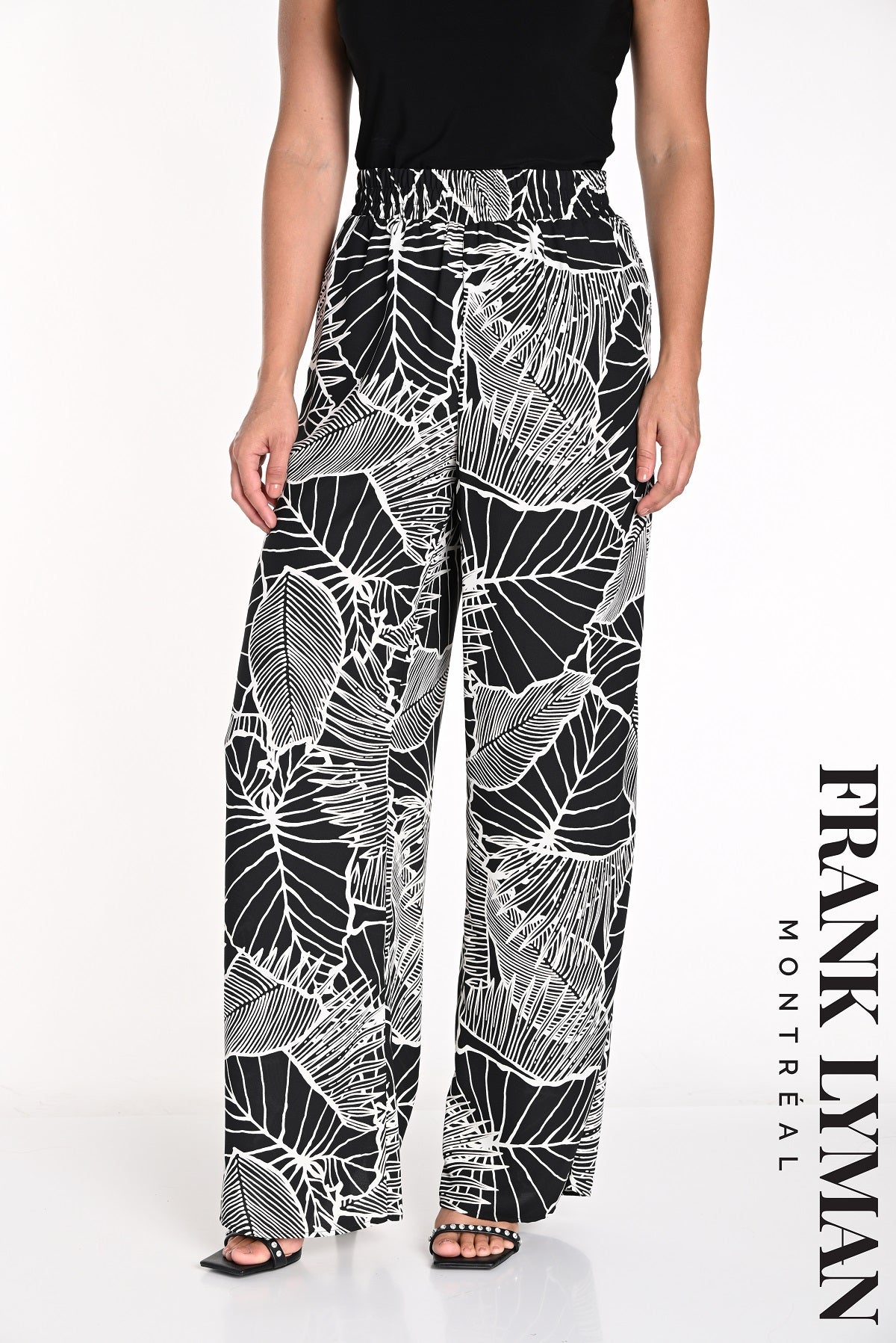 Frank Lyman Montreal Black Beige Print Palazzo Pant With Pull On Waistband