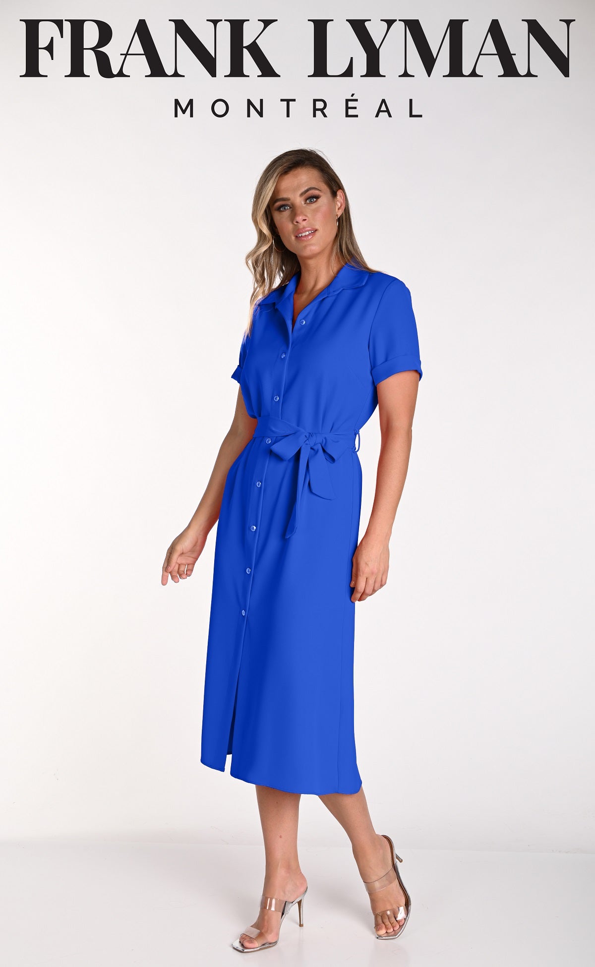 Frank Lyman Montreal Royal Blue Midi Length Dress With Full button front and belt