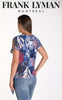 Frank Lyman Montreal Denim Rose Print Top With Front Tie Detail