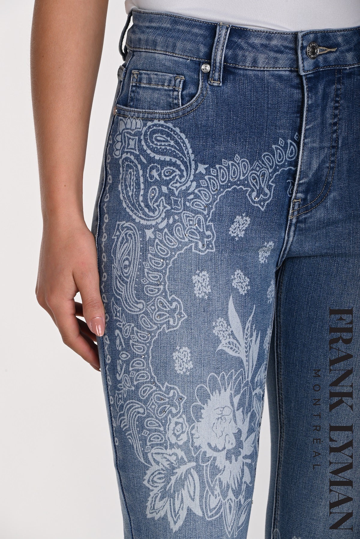 Frank Lyman Montreal 5 Pocket Slim Denim Blue Jeans With Front Sequin Print Detail-High Waisted Print Blue Jeans
