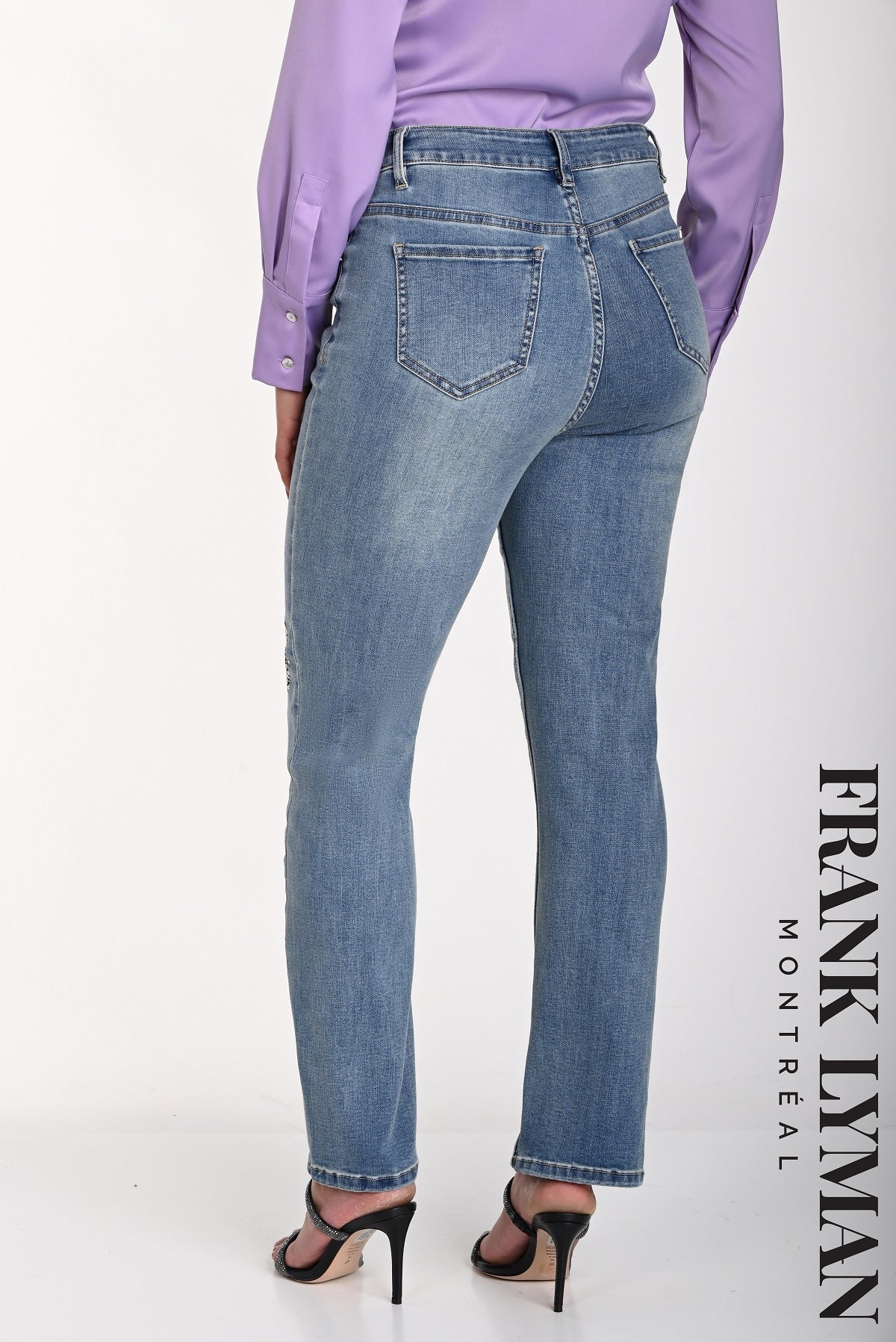 Frank Lyman Montreal High Rise Relaxed Leg Blue Jeans With Sequin Heart Detail