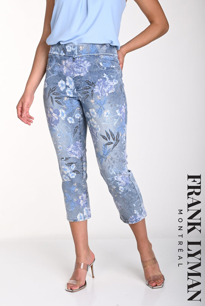 Frank Lyman Montreal Crop Length Floral Pull On Jeans In Light Blue Multi Floral Print