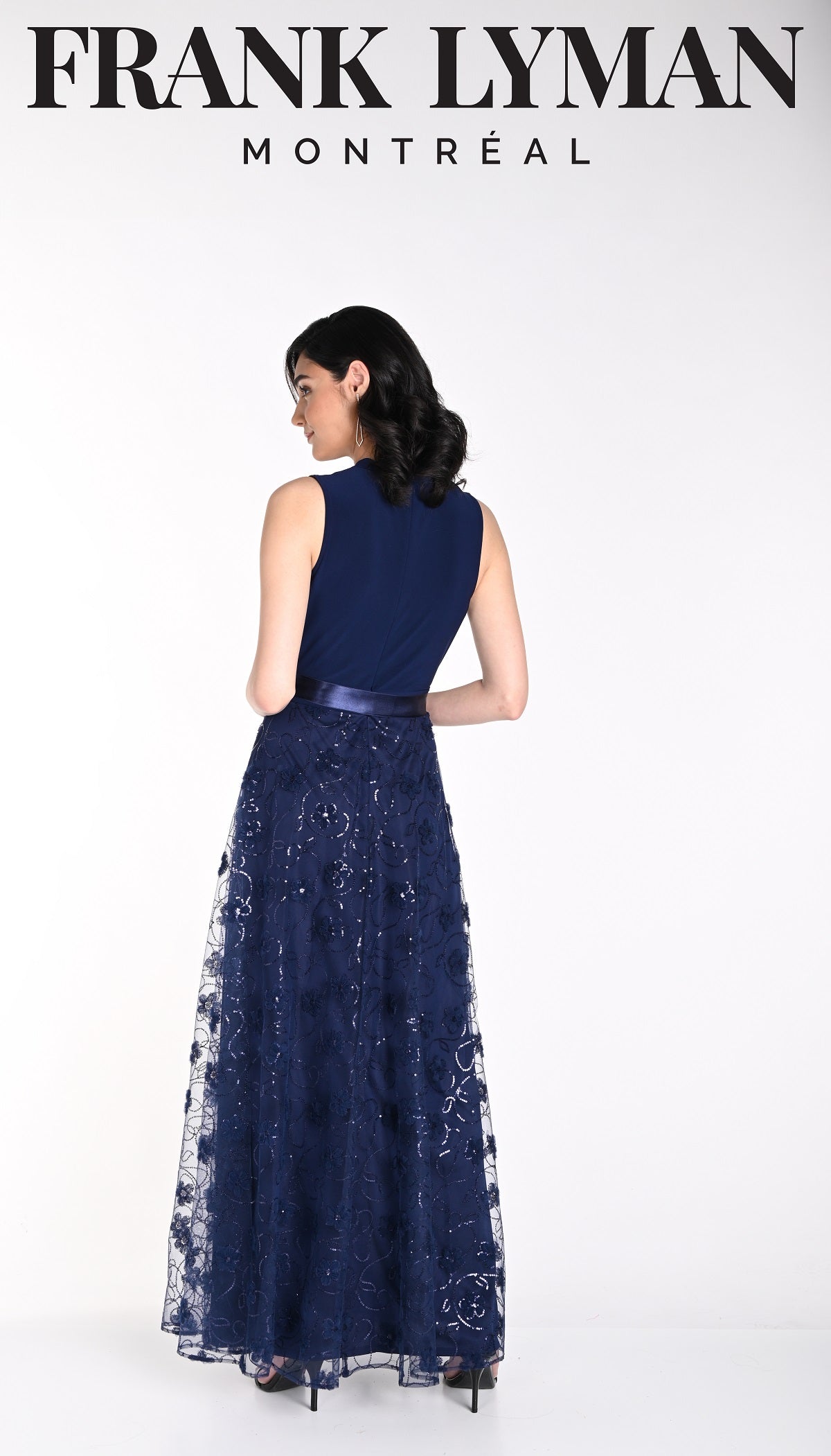 Frank Lyman Montreal Sequin Embroidered Navy Evening Gown