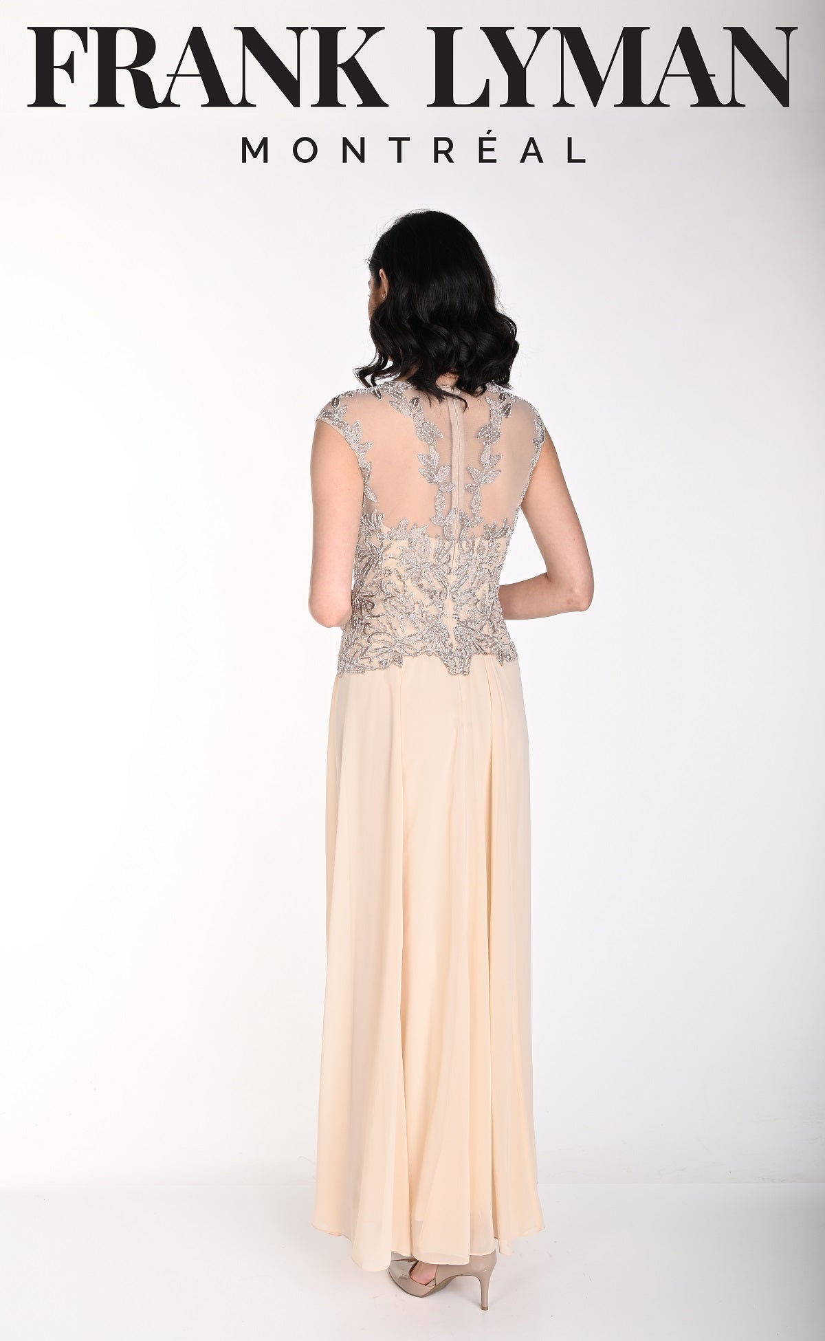 Champagne Evening gown  with sequin top and chiffon fuller skirt