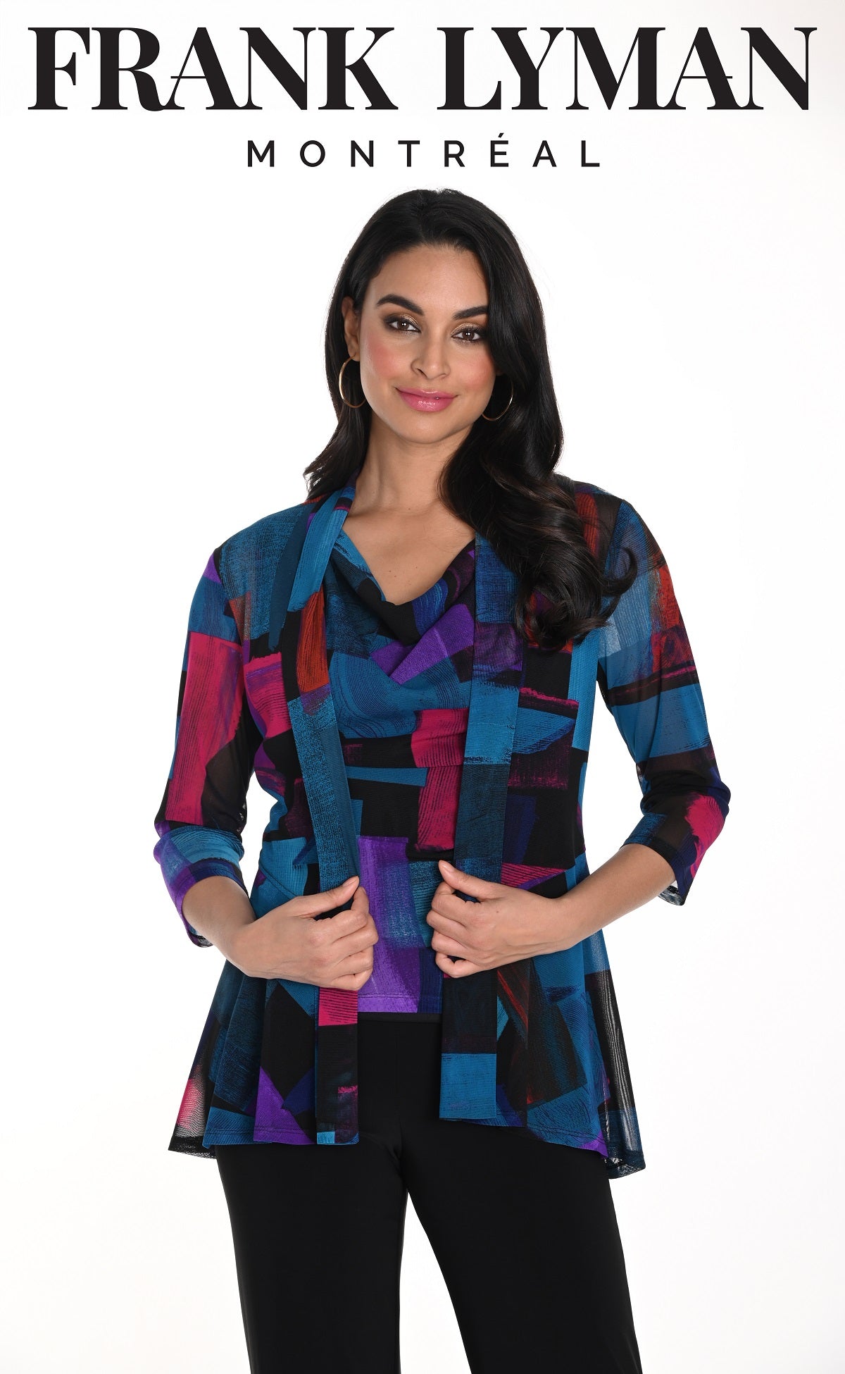 Frank Lyman Montreal Open Style Drape jacket in turquoise fuchsia print