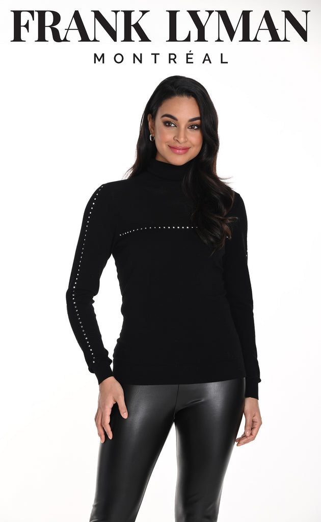 Frank Lyman Montreal Black Lightweight Knit Sweater With Studded Detail On Front And Slleves