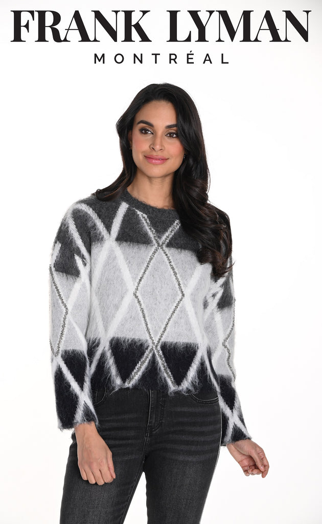 Frank Lyman Montreal Diamond pattern sweater with front sequin detail in a wool blend