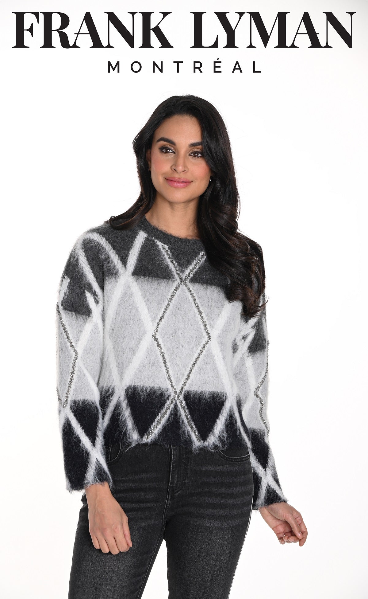 Frank Lyman Montreal Diamond pattern sweater with front sequin detail in a wool blend