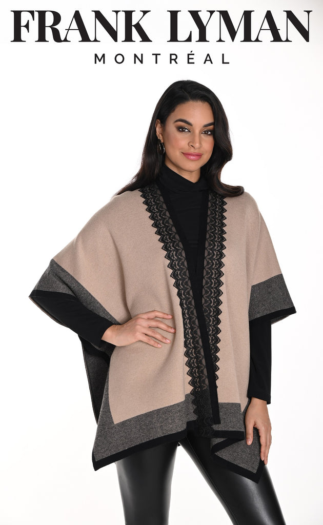 Frank Lyman Montreal Beige Black Poncho Sweater With Lace Trim Detail