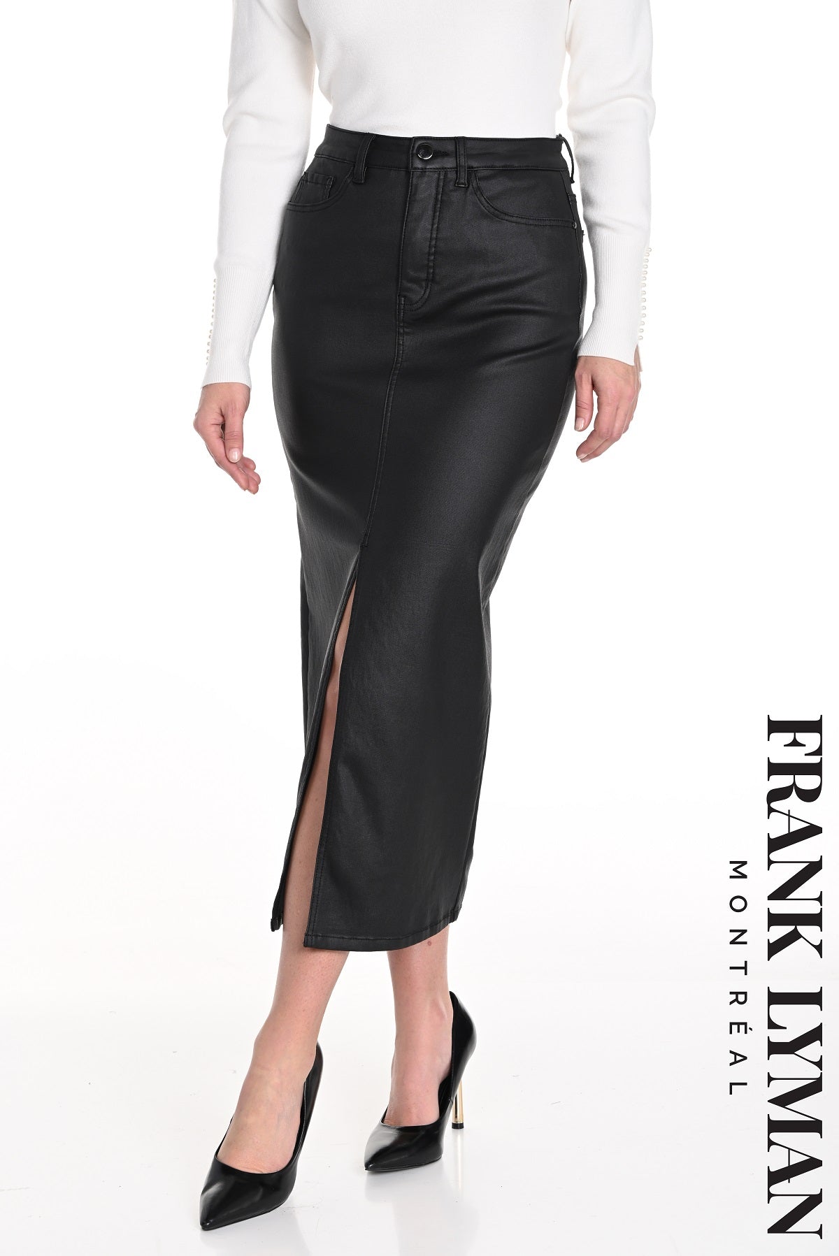 Frank Lyman Montreal 5 Pocket Black Polyurethane Maxi Skirt With Front Pleat Opening