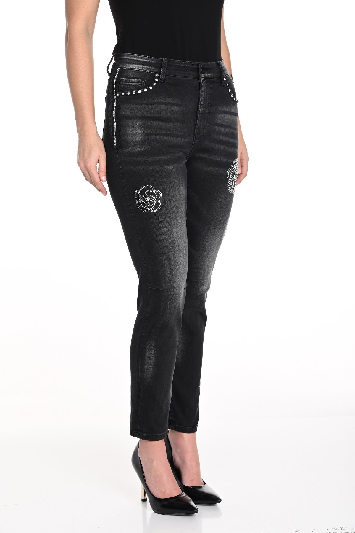 Frank Lyman Montreal Charcoal High Waisted 5 Pocket Jeans With Crystal Stone Detail On Front