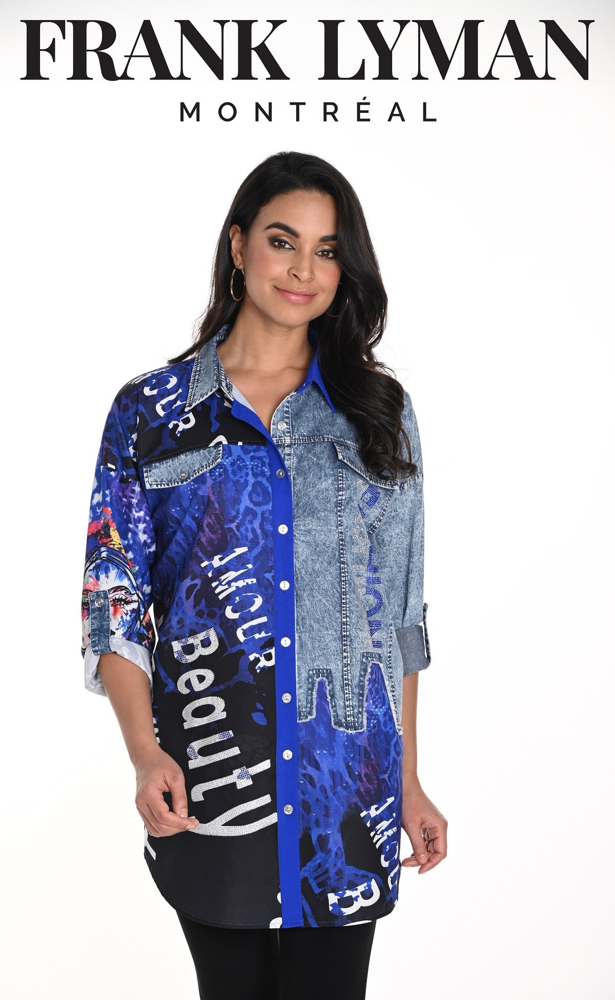 Frank Lyman Montreal Blue black tunic blouse with silver sequin fashion print detail on front & back