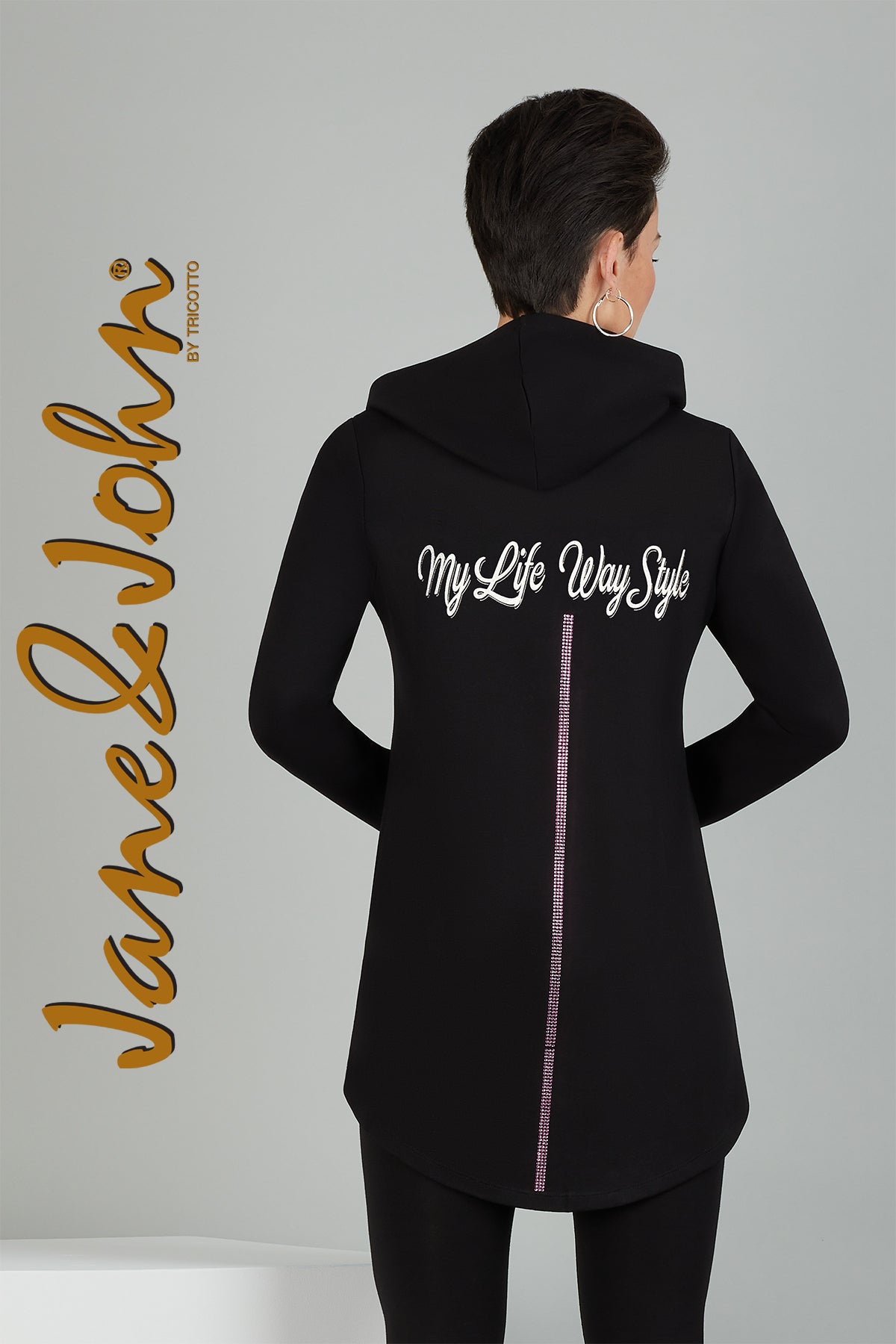 Tricotto Black Hoodie Cardigan Sweater With print and pink sequin detail on front and back