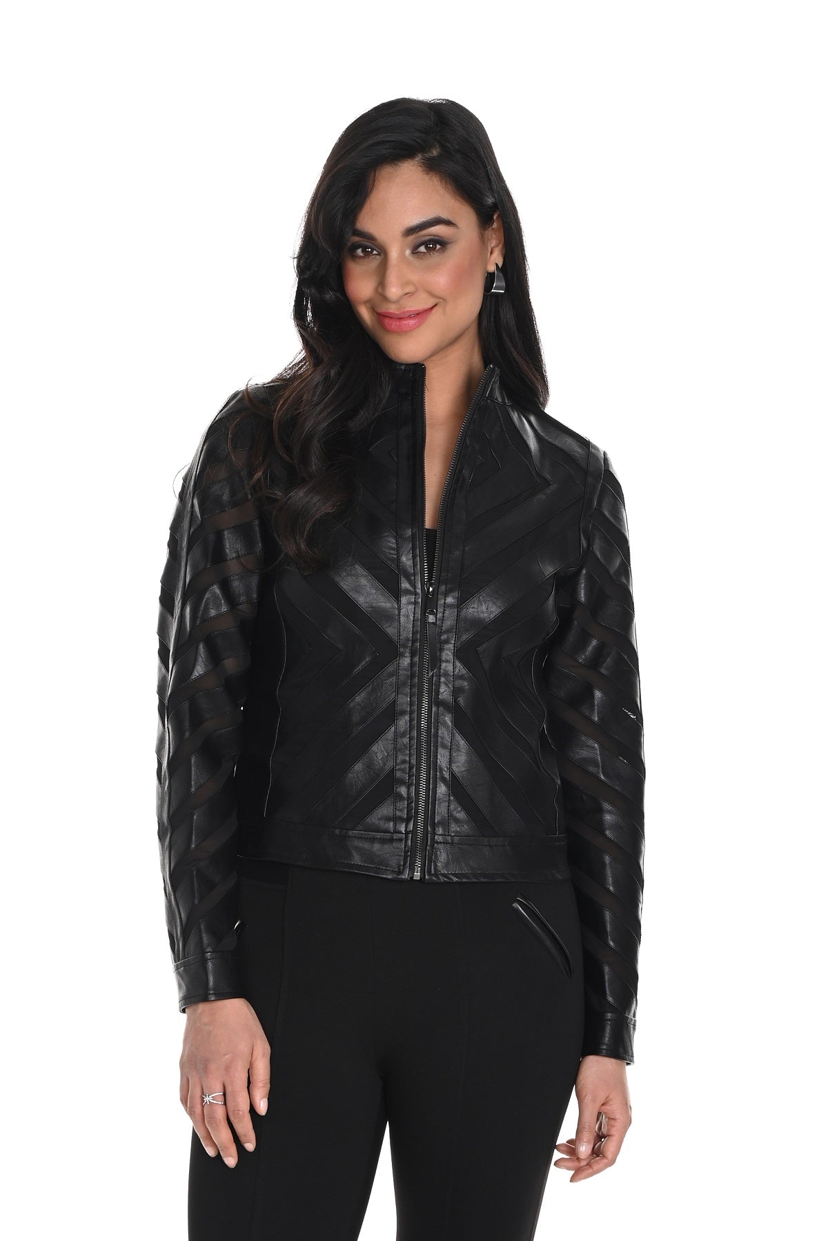 Frank Lyman Montreal Black Polyurethane zipper front jacket with sheer insert detail