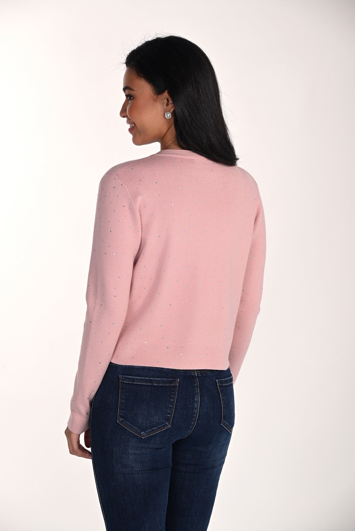 Blush cropped cardigan sweater with silver sequin and heart button detail