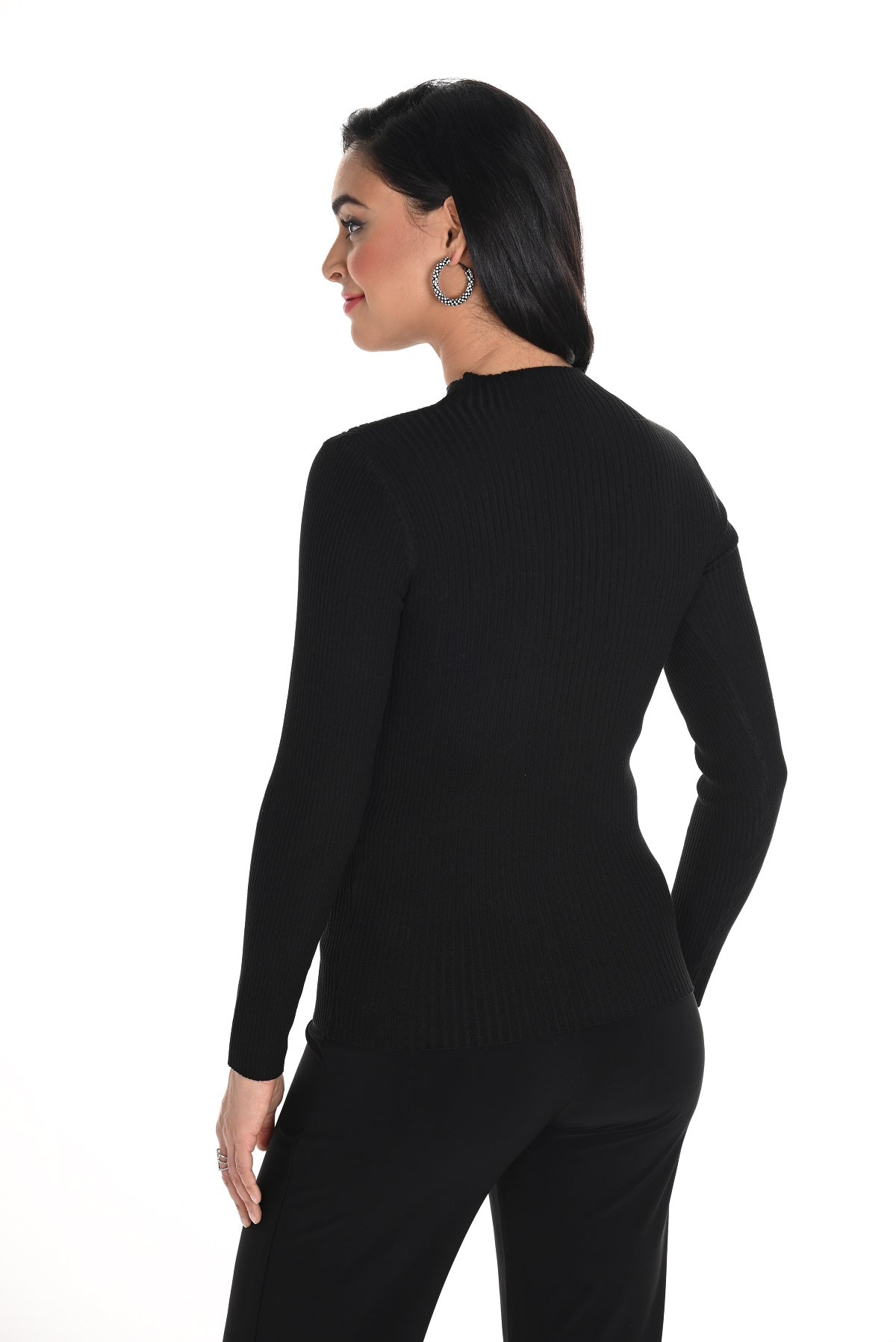 Frank Lyman Montreal Black Stretch Knit Sweater With Front Silver Crystal Stone Detail