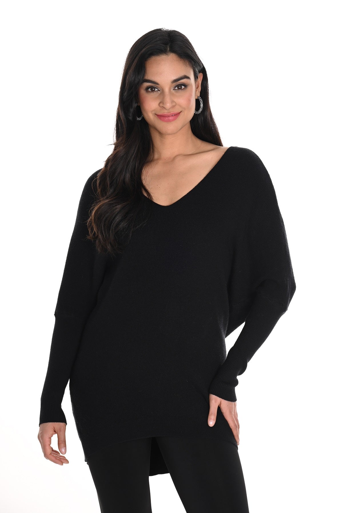 Frank Lyman Black Tunic sweater with back silver sequin knot detail and dolman sleeve.