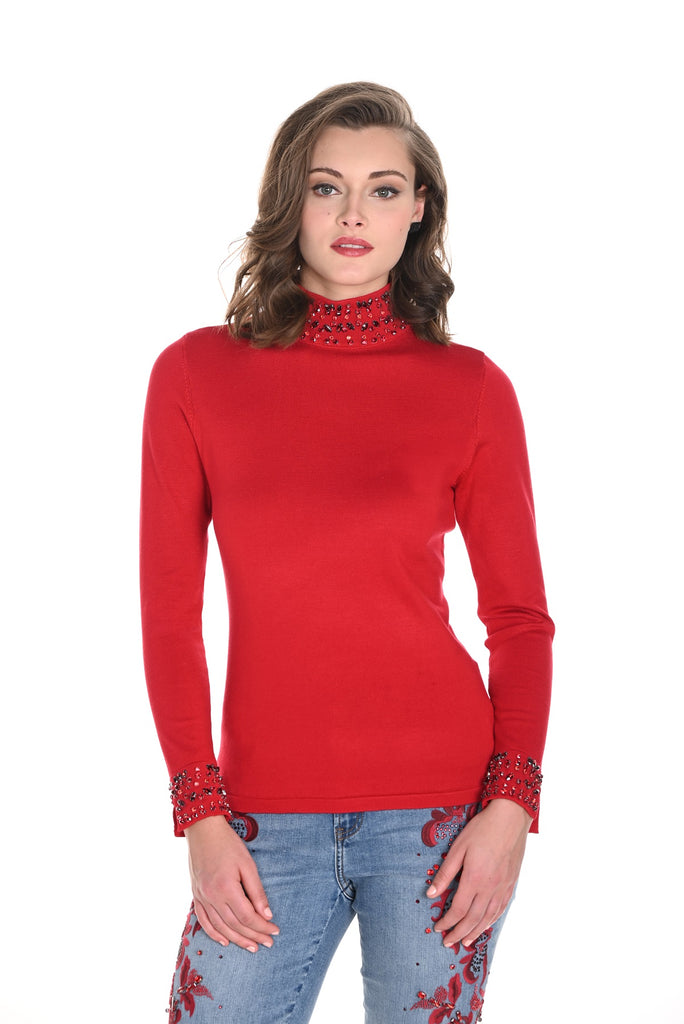 Frank Lyman Red Mock neck sweater with crystal stone detail