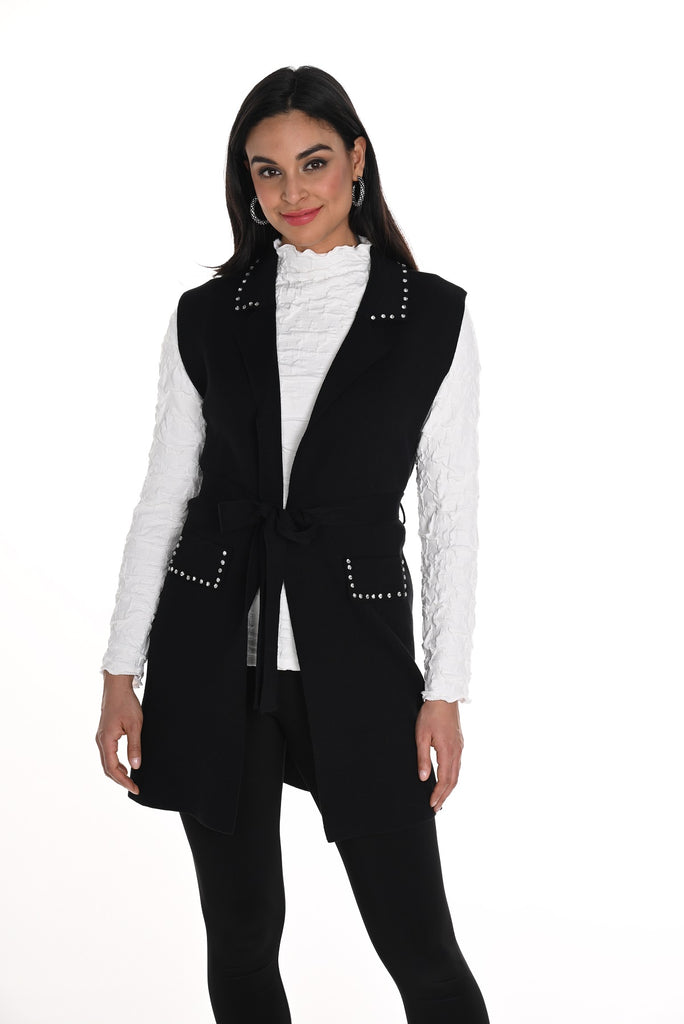 Frank Lyman Black Textured knit vest with collar and crystal stone detail