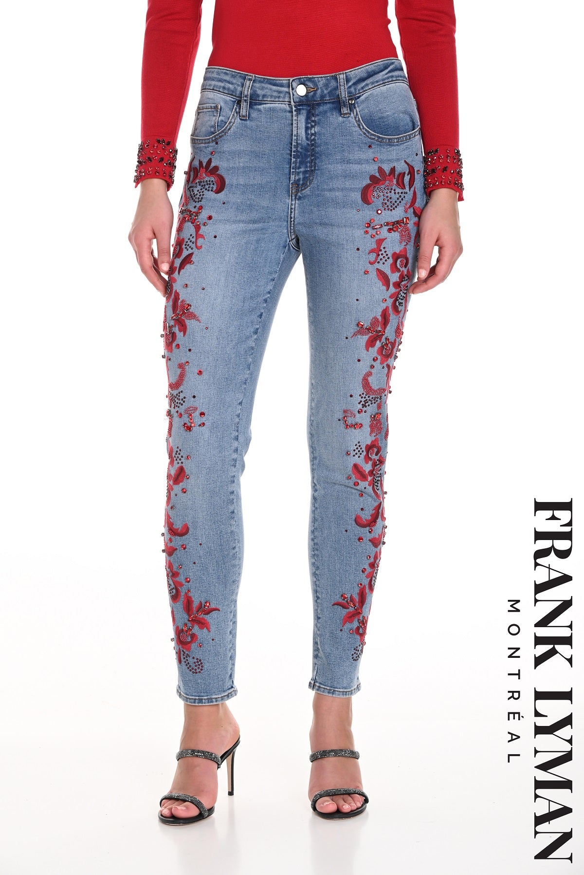 Frank Lyman Light blue jeans with red sequin applique detail