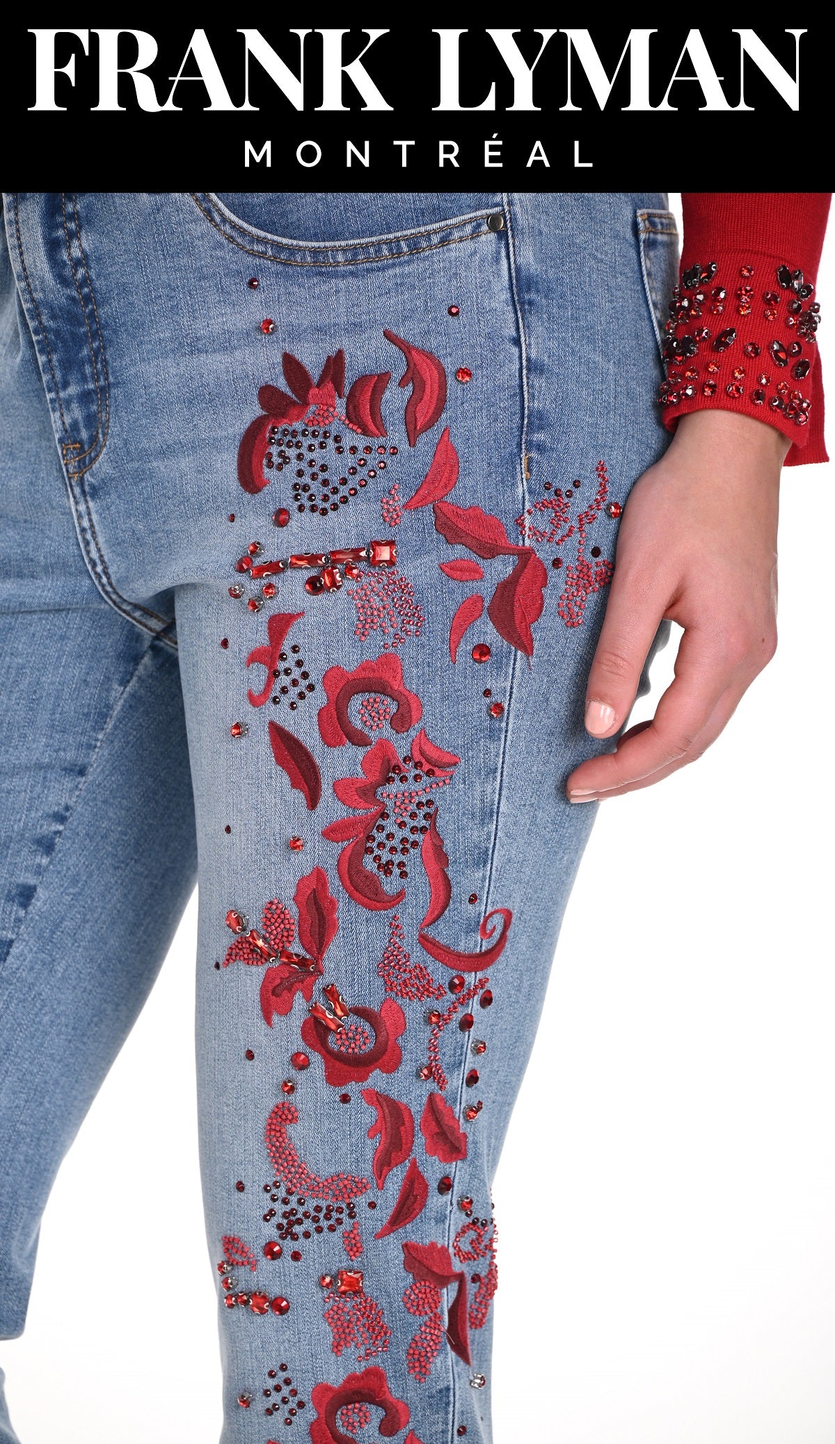 Frank Lyman Light blue jeans with red sequin applique detail