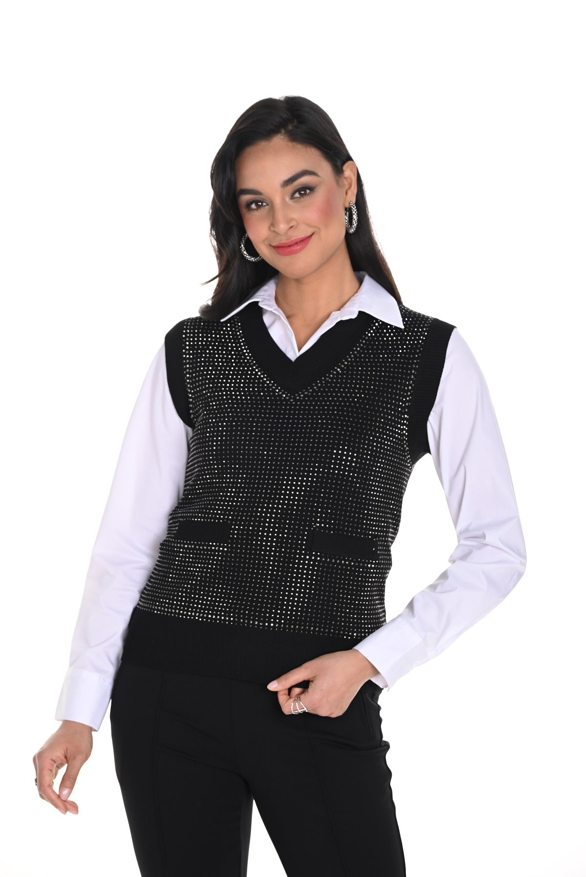 Black knit vest with front silver sequin detail.