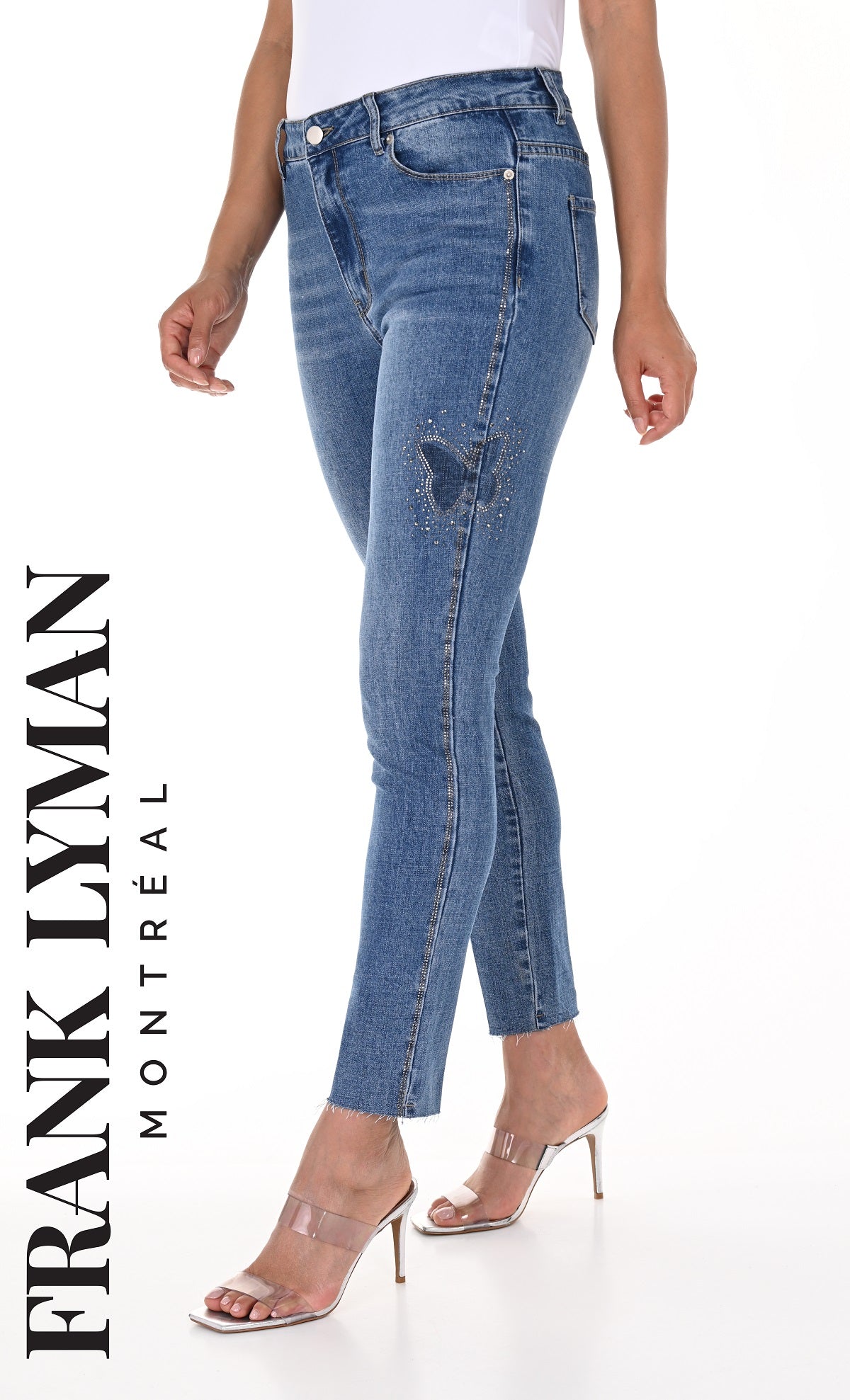 Frank Lyman Montreal Denim Blue Jeans With Sequin Butterfly side detail