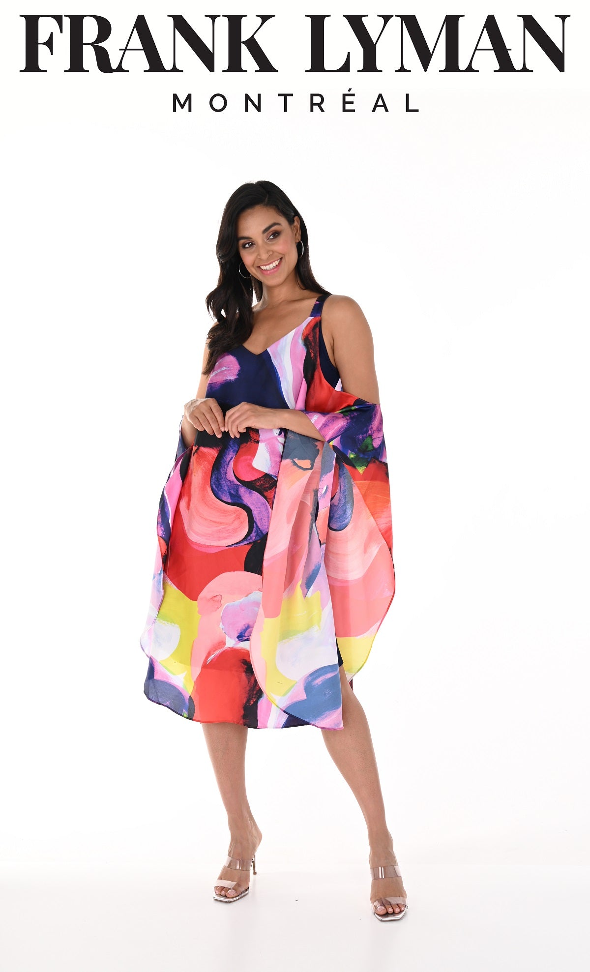 Frank Lyman Montreal Print Satin Knit Dress With Attached Overlay and Shoulder Cut Out Detail