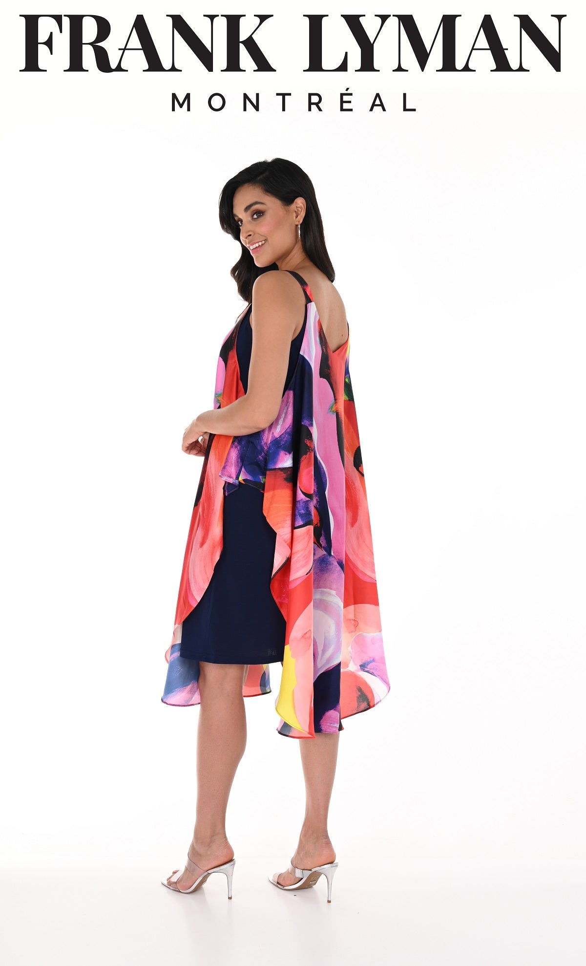 Frank Lyman Montreal Print Satin Knit Dress With Attached Overlay and Shoulder Cut Out Detail