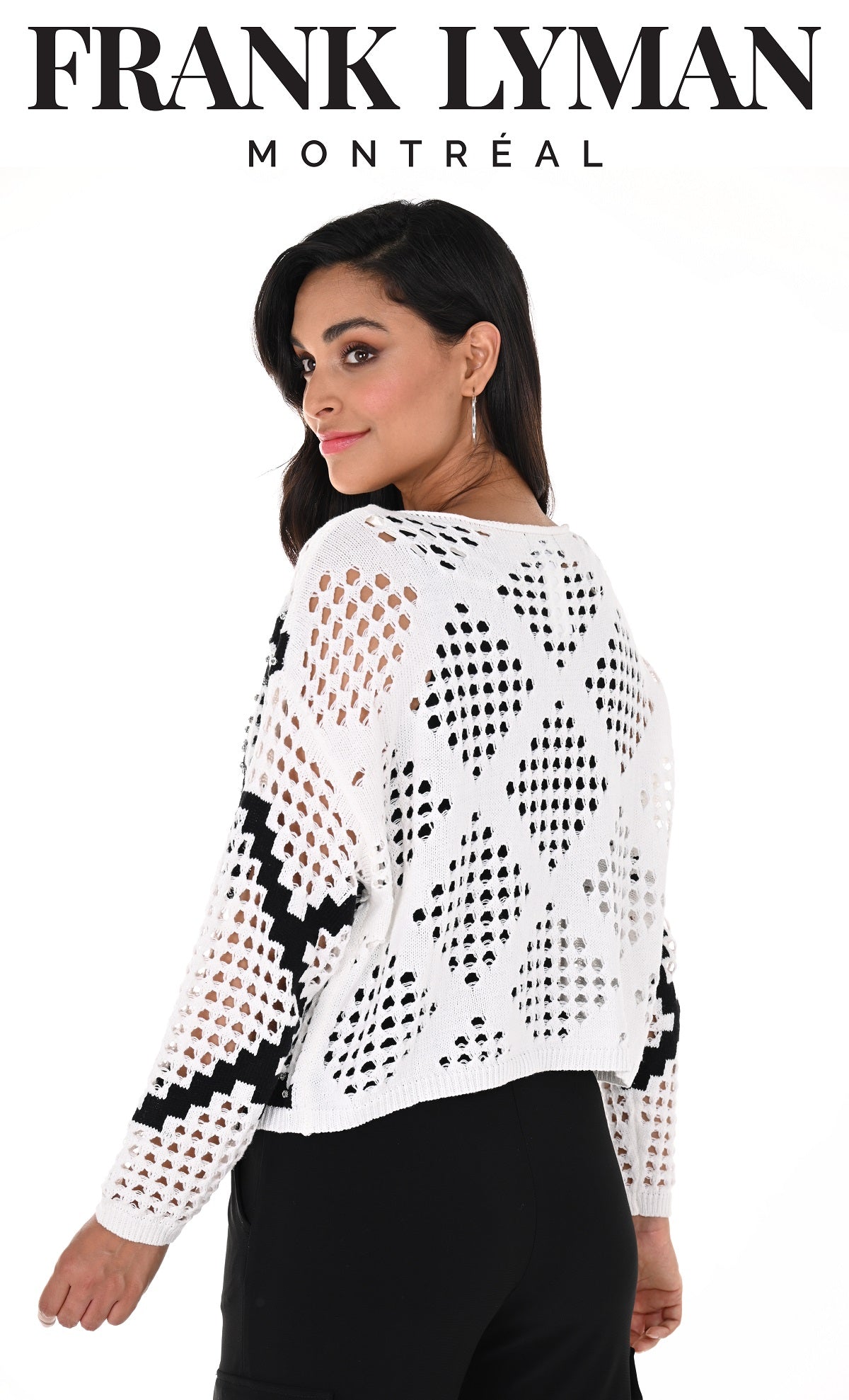 Frank Lyman Montreal Fishnet Sweater With Crystal Stone Detail 