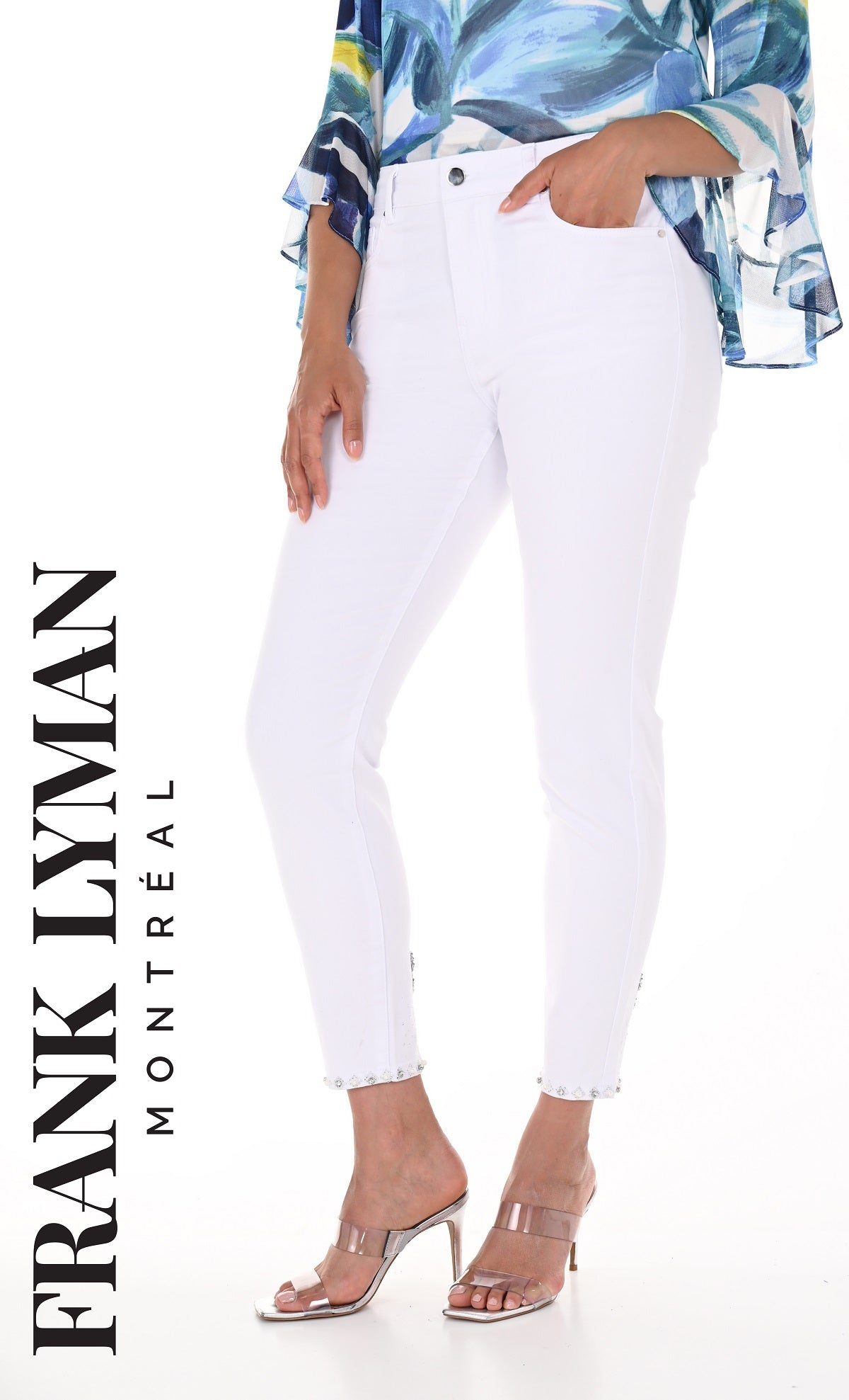 Frank Lyman Montreal Pearl Jeans-Frank Lyman Montreal White With Back Pearl Bow Detail-White Pearl Jeans