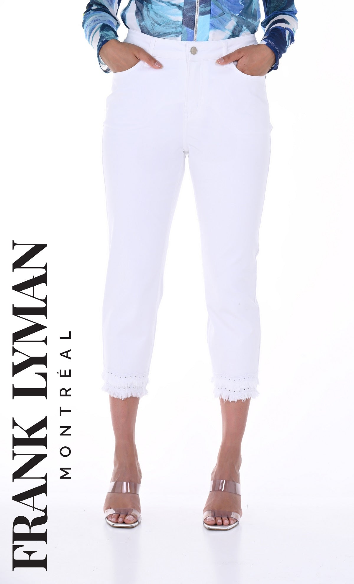 Frank Lyman Montreal White Cropped Jeans With Frayed Hem Detail