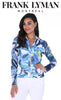 Frank Lyman Montreal Royal-White printed jacket with sheer arms and zipper front.