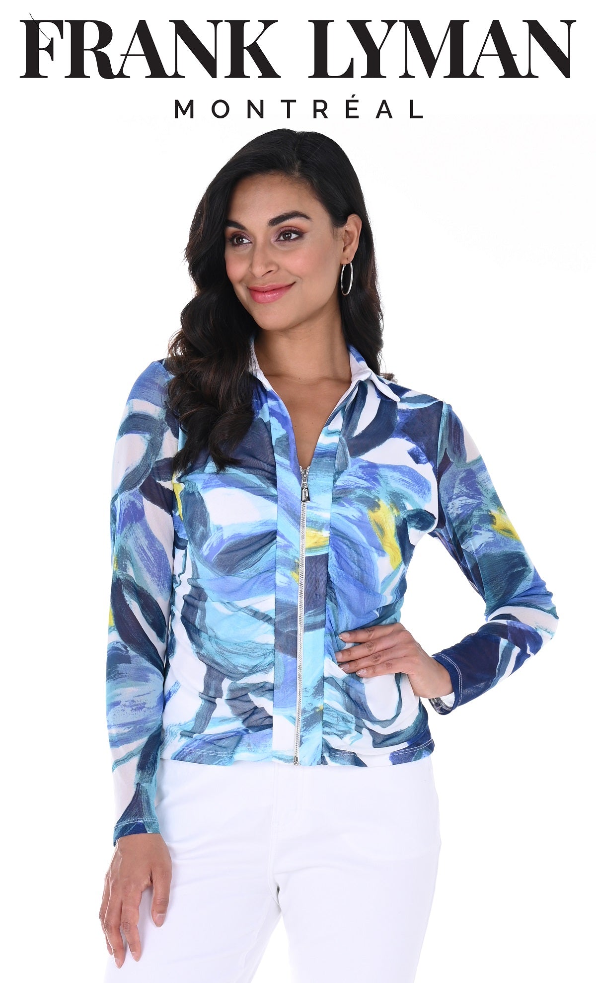 Frank Lyman Montreal Royal-White printed jacket with sheer arms and zipper front.