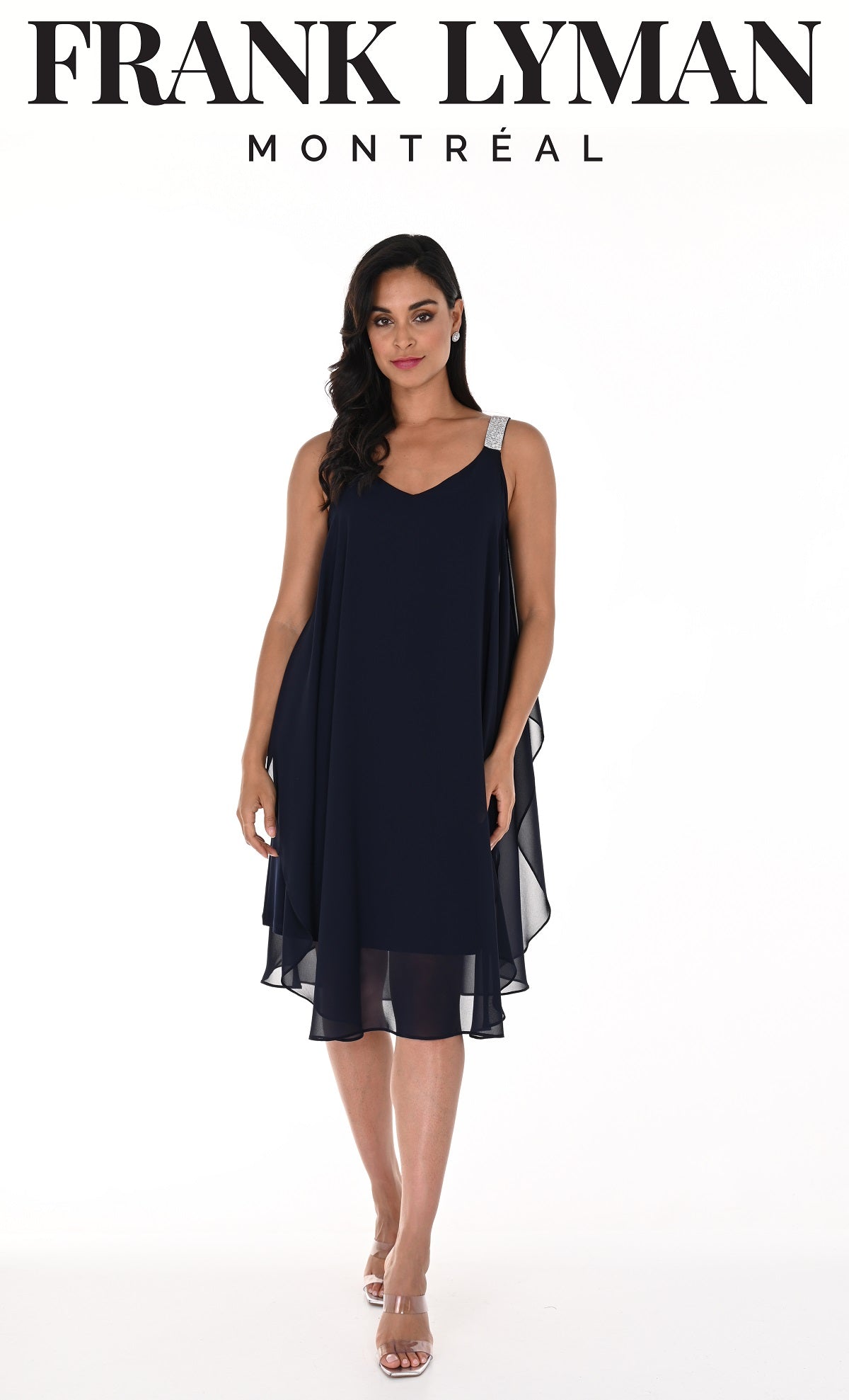 Frank Lyman Montreal Navy Chiffon Cocktail Dress With Open Embellished Shoulder