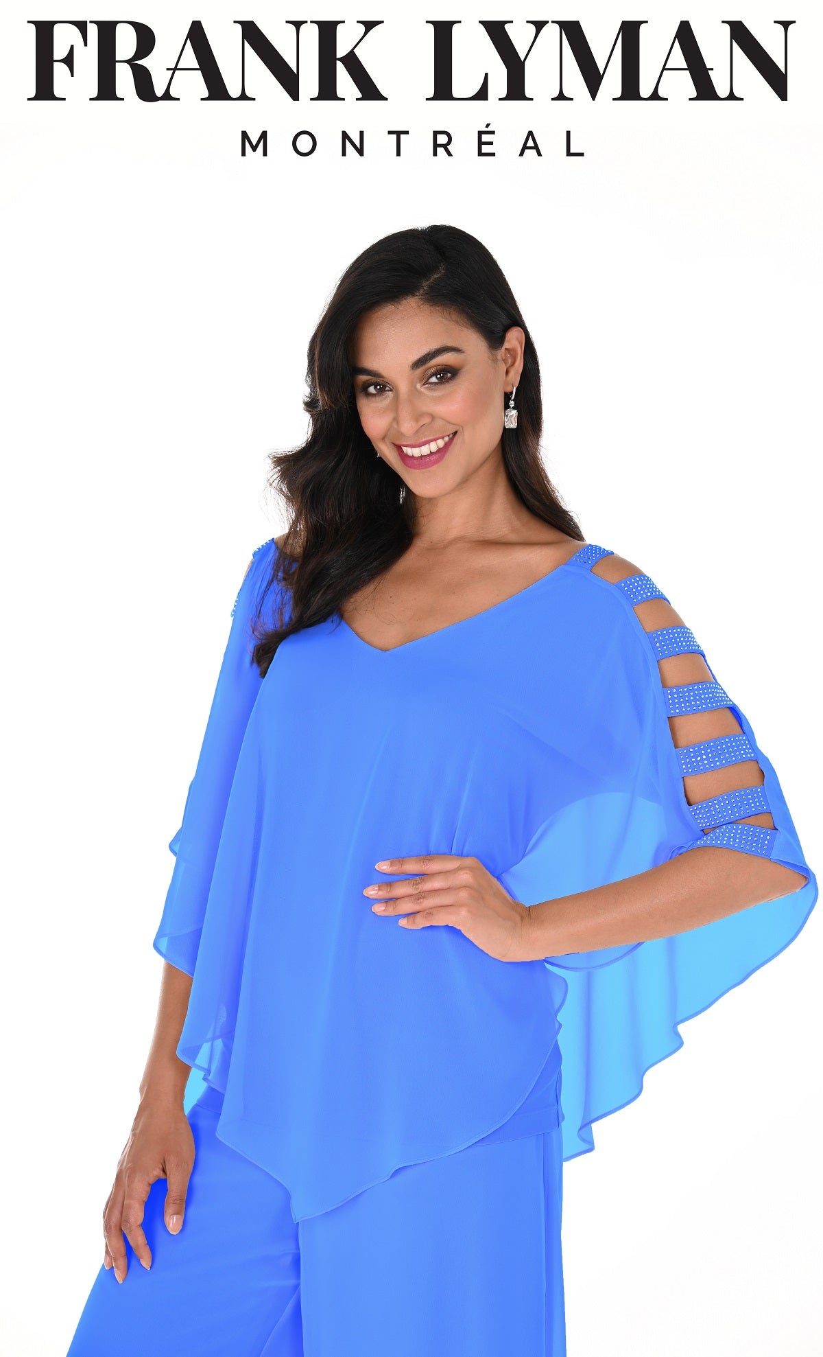 Frank Lyman Montreal Aqua Blue Evening Top With Cut Out Embellished Arm Detail