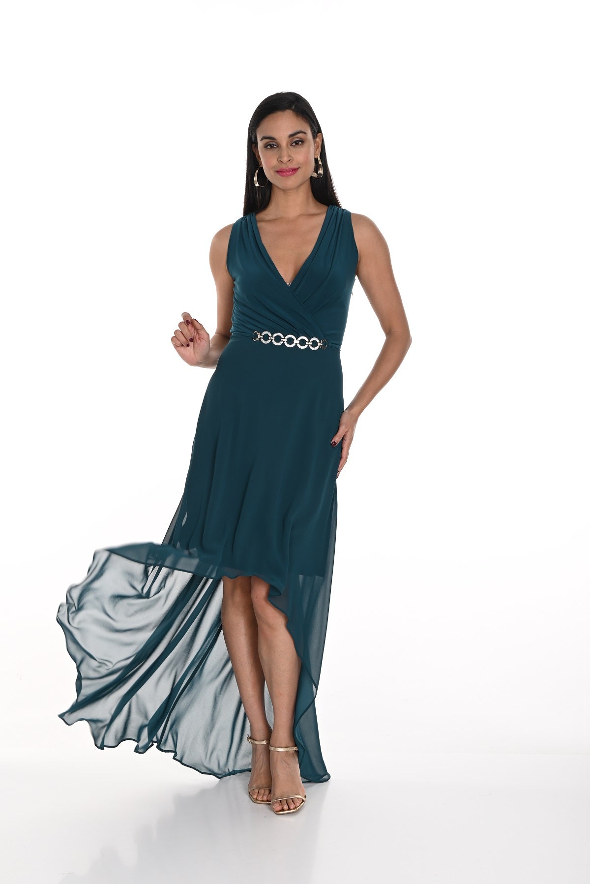 Frank Lyman Montreal Spruce Cocktail dress with long back attached chiffon overlay